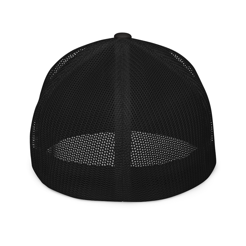 "R" bolt black camo closed back trucker cap