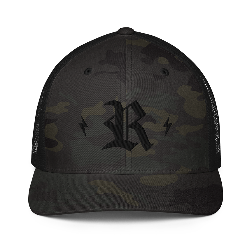 "R" bolt black camo closed back trucker cap