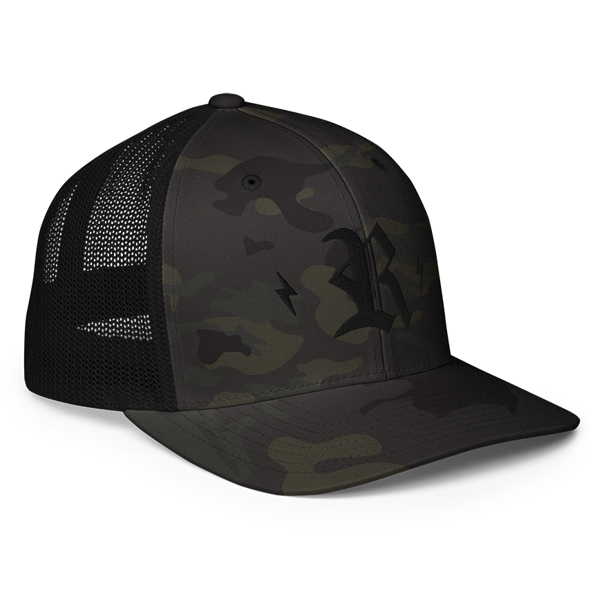 "R" bolt black camo closed back trucker cap